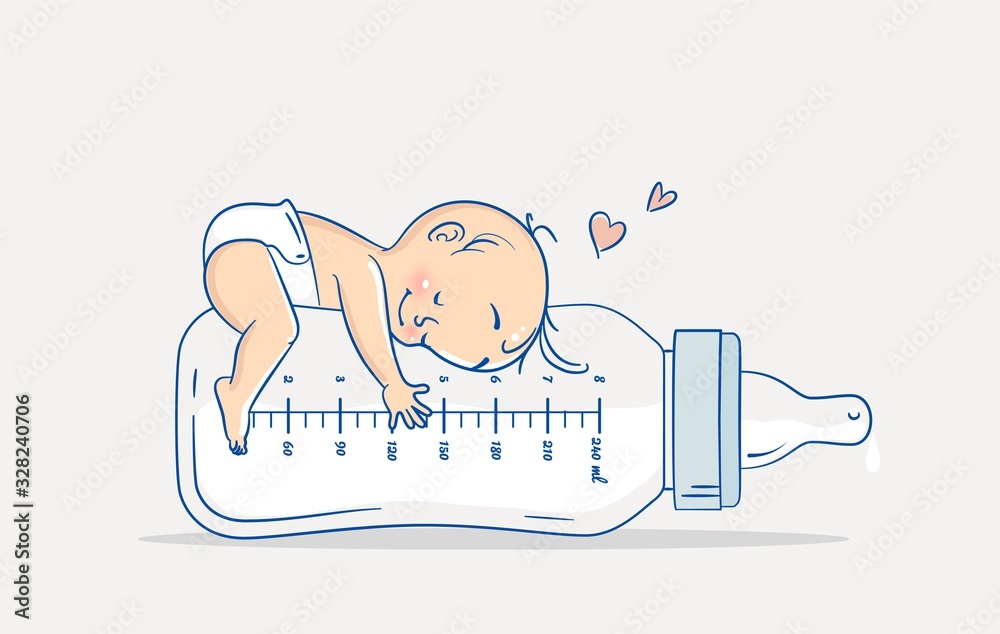 Cute baby boy lying on huge bottle of milk. Cartoon vector illustration ...