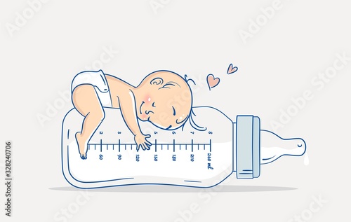 Cute baby boy lying on huge bottle of milk. Cartoon vector illustration