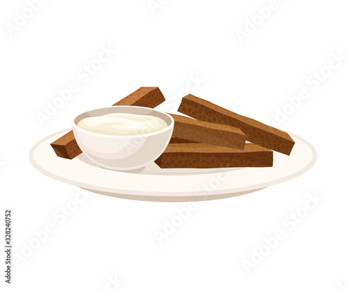 Crunchy Sticks of Baked Bread with Cream Sauce Vector Illustration