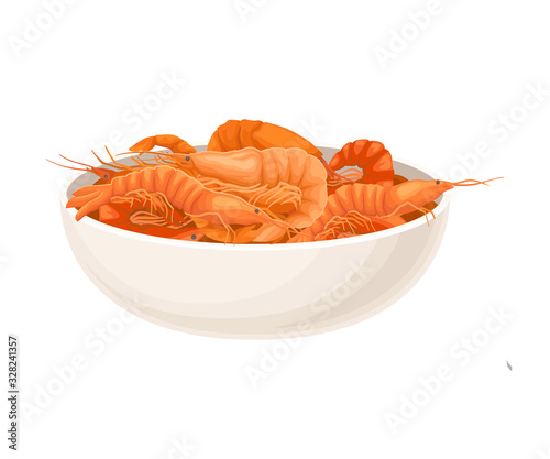 Crunchy Boiled Shrimps in Ceramic Bowl Vector Illustration