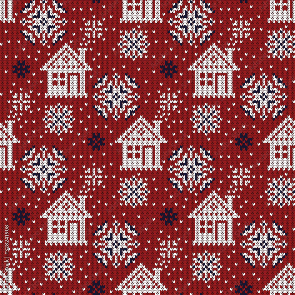 Knitted vector winter seamless decorative pattern, houses and snow.