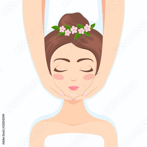 Beautiful girl doing massage of the face. Cosmetic massage in the beauty salon. Beauty treatments for the face. Cosmetic face care. Vector flat illustration.