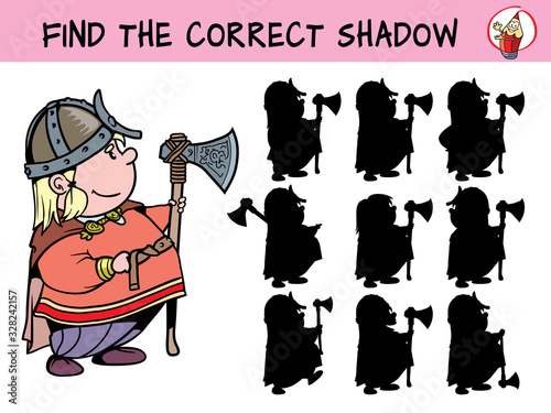 Little viking with big axe. Find the correct shadow. Educational matching game for children. Cartoon vector illustration