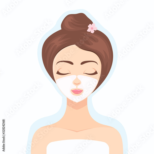 Beautiful girl performs a cosmetic procedure using a collagen face mask. Collagen cosmetics. Cosmetic skin care mask for the face. Beauty treatment. Vector flat illustration.