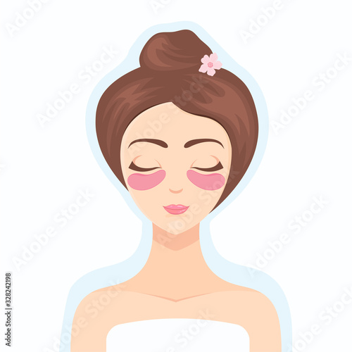 Beautiful girl takes care of her face with a collagen eye patch. Collagen cosmetics. Cosmetic procedure for the face. Beauty treatment. Home skin care. Vector flat illustration