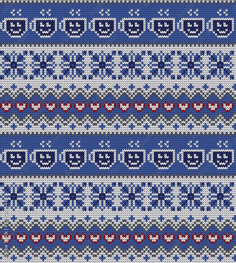 Knitted vector winter seamless decorative pattern with hot drink, snowflakes, hearts and fair isle elements. Knitted vector winter seamless decorative pattern with hot drink, snowflakes, hearts and fair isle elements.