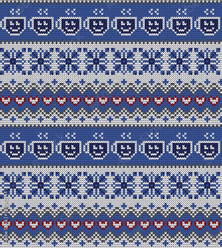 Knitted vector winter seamless decorative pattern with hot drink, snowflakes, hearts and fair isle elements.