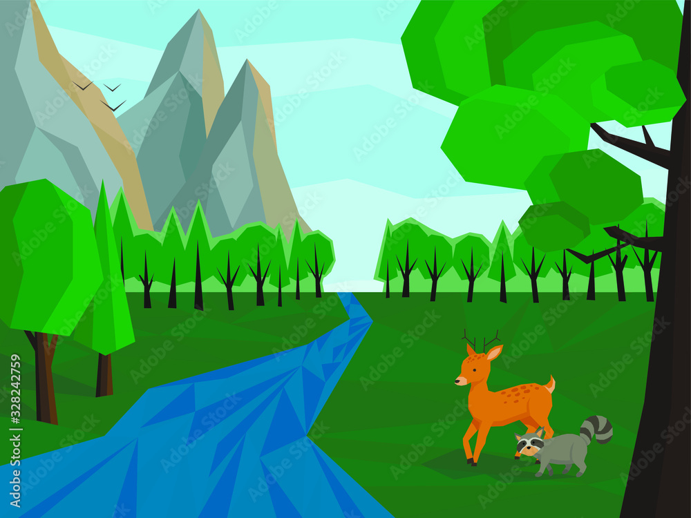 Naklejka premium Deer and raccoon in forest