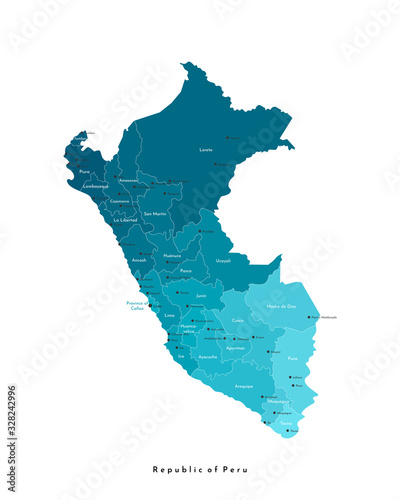 Vector modern isolated illustration. Simplified administrative map of Peru in blue trendy colors. White background and outlines. Names of Peruvian cities, provinces. photo