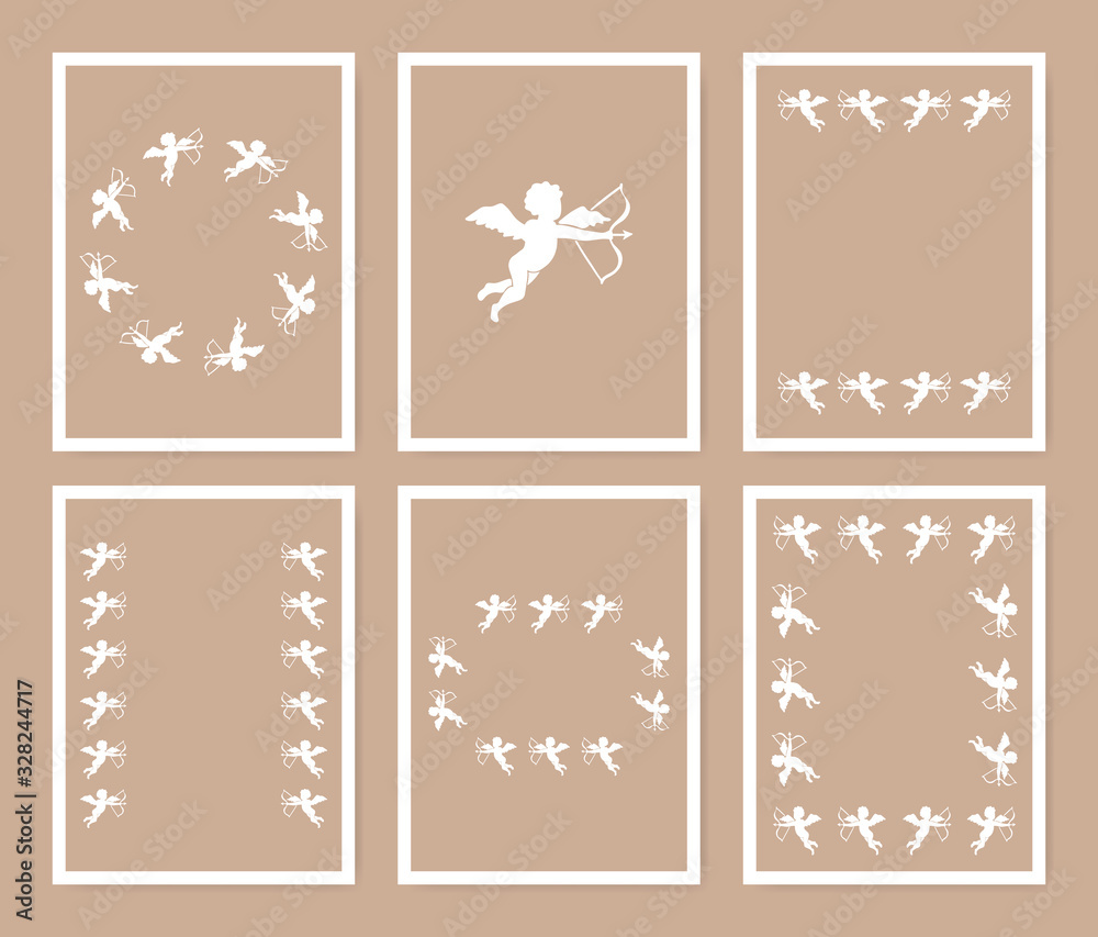 Angel frame card set in minimalistic style in white color in brown background. Angel frame card set in minimalistic style in white color in brown background.
