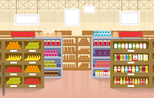 Supermarket Grocery Shelf Store Retail Shop Mall Interior Flat Illustration
