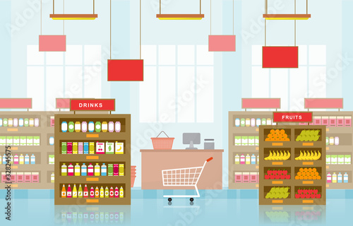 Supermarket Grocery Shelf Store Retail Shop Mall Interior Flat Illustration