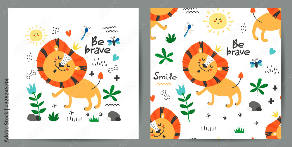 Set of cute poster and seamless pattern with lions