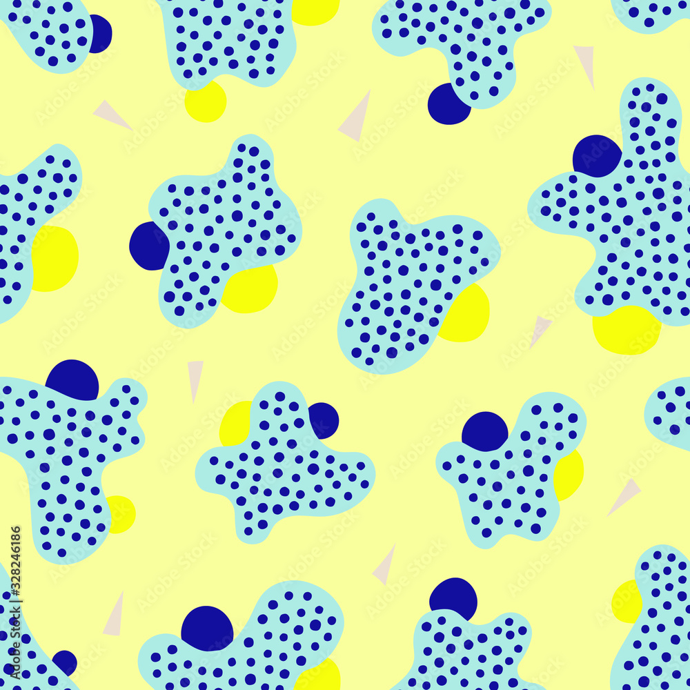 Hand drawn blue organic geometric shapes on yellow background.  Curved, triangles, circles, spotted, seamless pattern background. Abstract  pattern. Textile design, wrapping paper