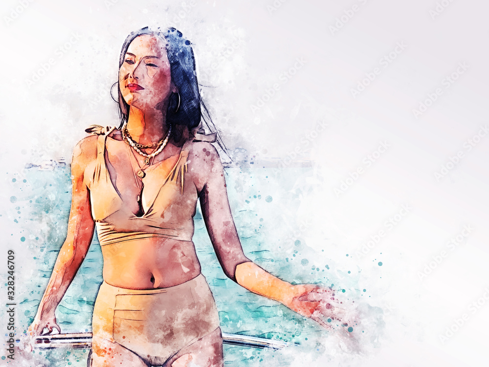 Obraz premium Abstract colorful beautiful woman sexy bikini on watercolor illustration painting background.