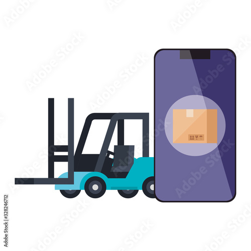 forklift and box inside smartphone design, Delivery logistics transportation shipping service warehouse industry and global theme Vector illustration