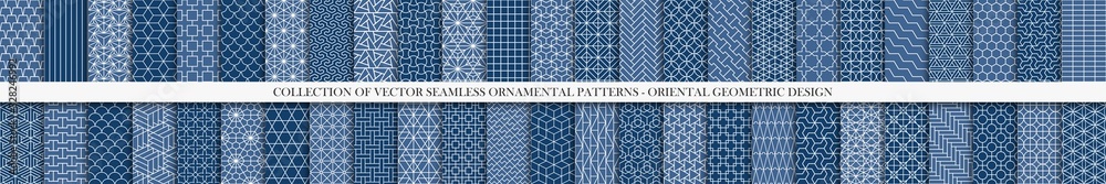 Collection of seamless geometric ornamental vector patterns. Tile oriental backgrounds. Trendy blue design - obrazy, fototapety, plakaty 