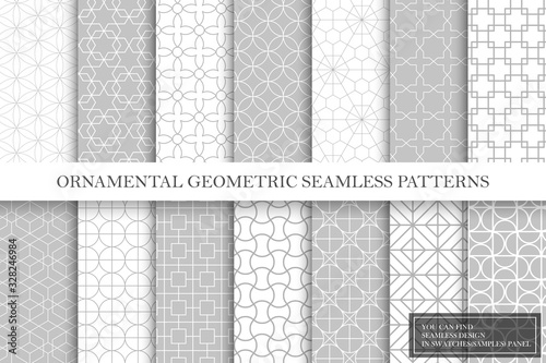 Collection of repeatable geometric ornamental vector patterns. Tile oriental elegant backgrounds. Vintage white and gray textures. You can find seamless design in swatches panel