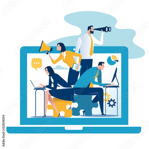 The team of four business workers stepping out from laptop screen. Network service concept vector illustration. 