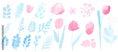 Vector watercolor plants, branches with leaves and flowers, tulips and loose peonies. Pastel pink and blue set of spring design elements.