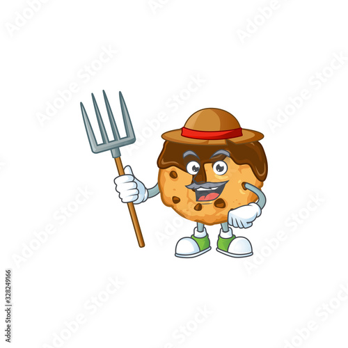 sweet Farmer chocolate chips with cream cartoon mascot with hat and tools