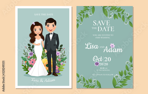 Stampa su tela Wedding invitation card the bride and groom cute couple cartoon character
