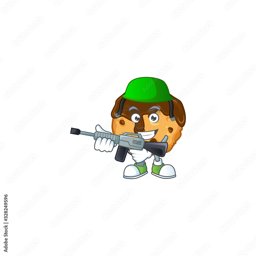Chocolate chips with cream mascot design in an Army uniform with machine gun