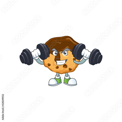 Chocolate chips with cream mascot icon on fitness exercise trying barbells
