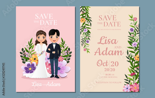  Wedding invitation card the bride and groom cute couple cartoon character.Colorful vector illustration for event celebration 
