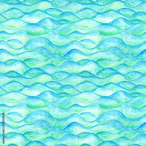 Hand drawn turquoise watercolor sea waves seamless pattern. Abstract blue and green endless background. Wallpaper.