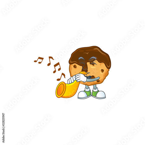 cartoon character style of chocolate chips with cream playing a trumpet