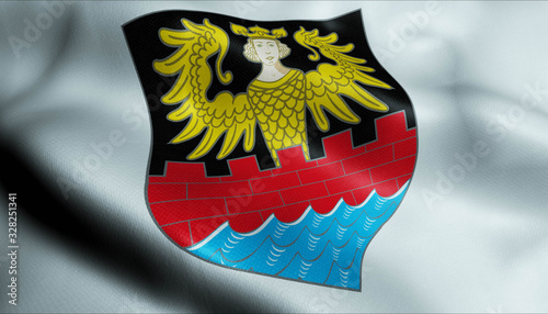 Leinwand Poster 3D Waving Germany City Coat of Arms Flag of Emden Closeup View