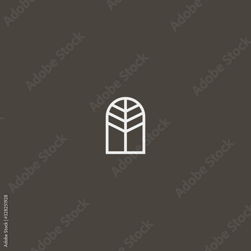 white sign on a black background. simple vector geometric line art iconic sign of tree branches or windows in an arch-like frame