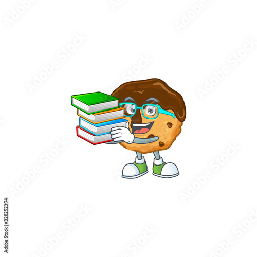A brainy clever cartoon character of chocolate chips with cream studying with some books