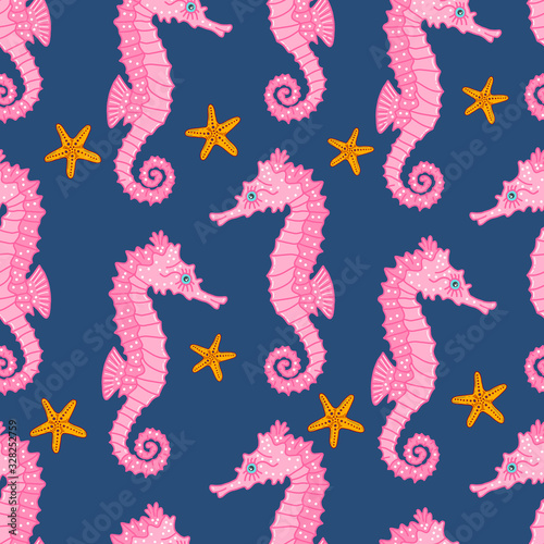 Pink sea horse and sea stars. Vector seamless pattern on blue background. Illustration for summer scrapbooking, gift wrap, kids fashion prints, beach apparel. Cartoon style.