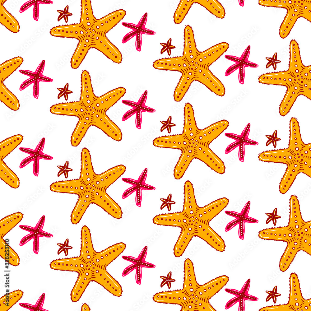 Sea starfishes on isolated on white background. Design for greeting card, summer holidays, beach parties, tourism and travel. Cute cartoon style. Seamless vector pattern. Sea starfishes on isolated on white background. Design for greeting card, summer holidays, beach parties, tourism and travel. Cute cartoon style. Seamless vector pattern.