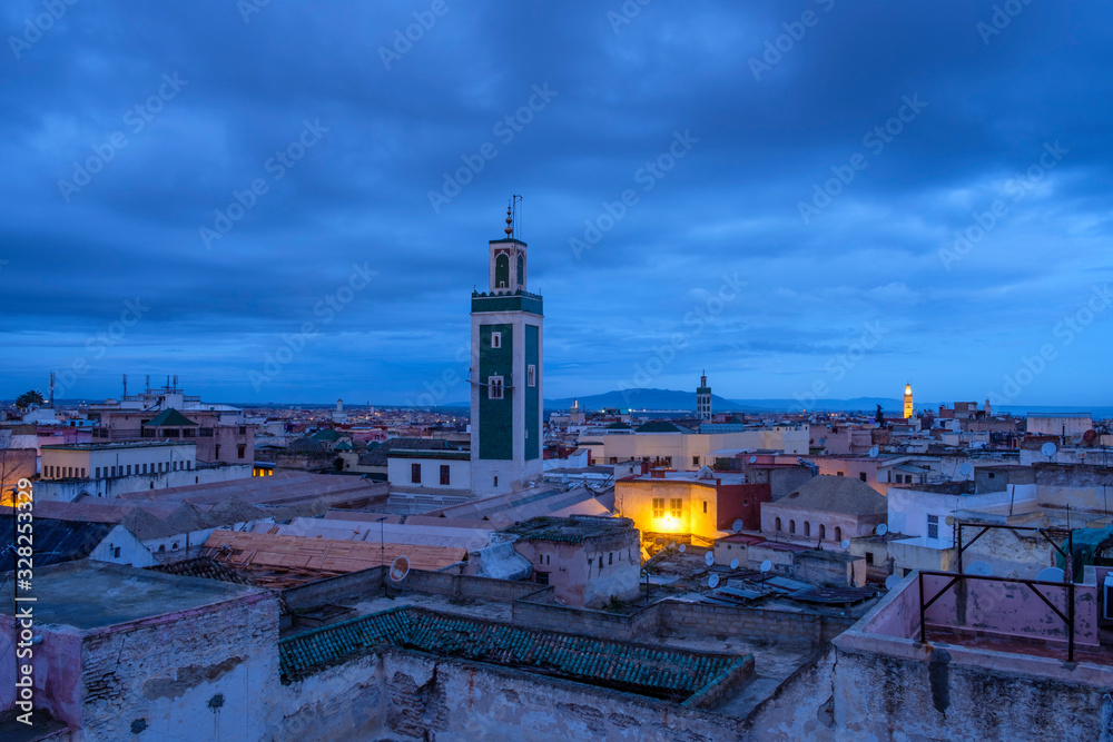 Panoramic view of the old royal city of Meknes at night