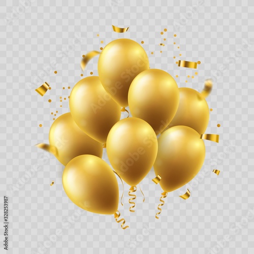 Realistic gold flying helium balluns bunch with party ribbons.