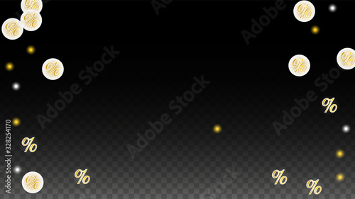 Luxury Vector Gold Percentage Sign Confetti on Transparent. Percent Sale Background. Business, Economics Print. Discount Illustration. Promotion Poster. Black Friday Banner. Special offer Template.
