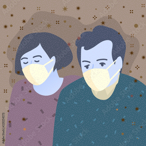 Concept of air pollution. Sad people wearing protective face masks.