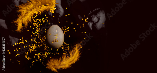 A chic festive pure Easter egg with star spangles with yellow feathers around it on a black shiny three-dimensional background. Happy Easter Banner cosmic style, flat lay