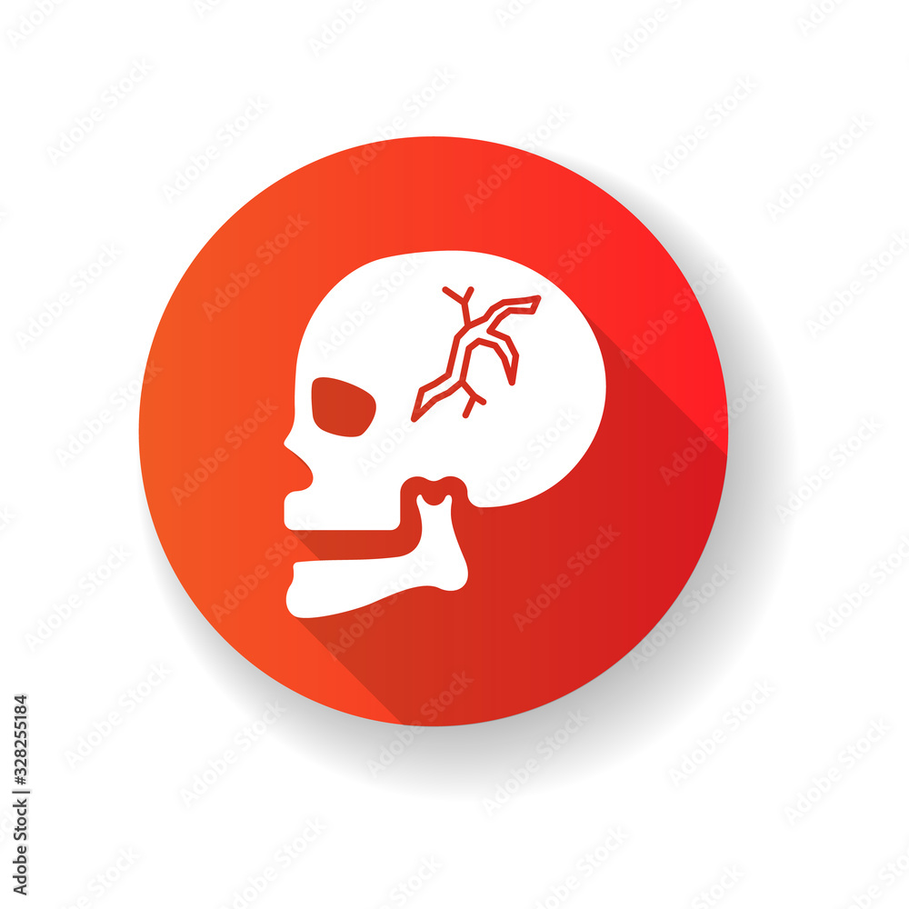 Skull fracture red flat design long shadow glyph icon. Cranial bone break. Dangerous head injury. Emergency. Accident. Trauma, wound. Healthcare. Medical condition. Silhouette RGB color illustration