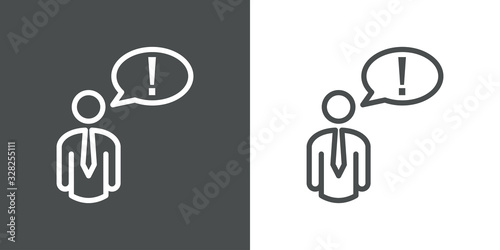 Símbolo atención. Icono plano lineal hombre con exclamación en globo en fondo gris y fondo blanco