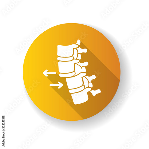 Spine dislocation yellow flat design long shadow glyph icon. Displacement of spinal vertebra. Spinal injury. Healthcare. Trauma treatment. Medical condition. Silhouette RGB color illustration