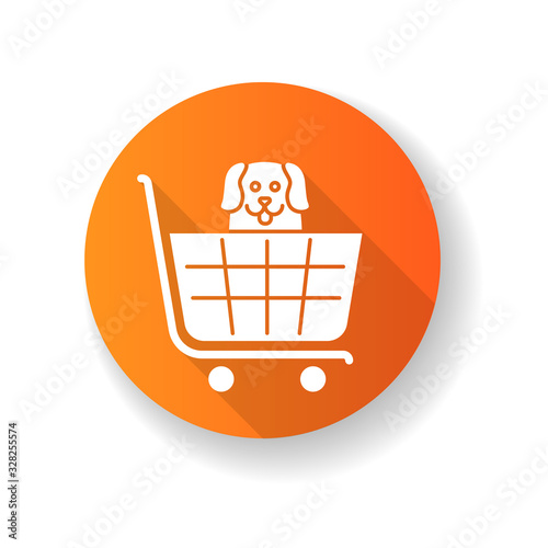 Dogs allowed supermarket, petshop orange flat design long shadow glyph icon. Doggy permitted shop, domestic animals welcome store. Happy puppy in shopping cart. Silhouette RGB color illustration