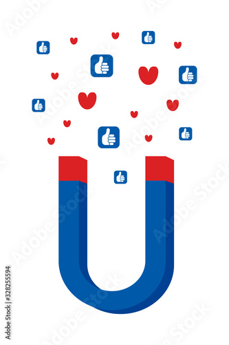 Social media concept vector illustration with magnet engaging followers and likes. Influence marketing or viral advertising campaign. Audience or customer retention strategy.