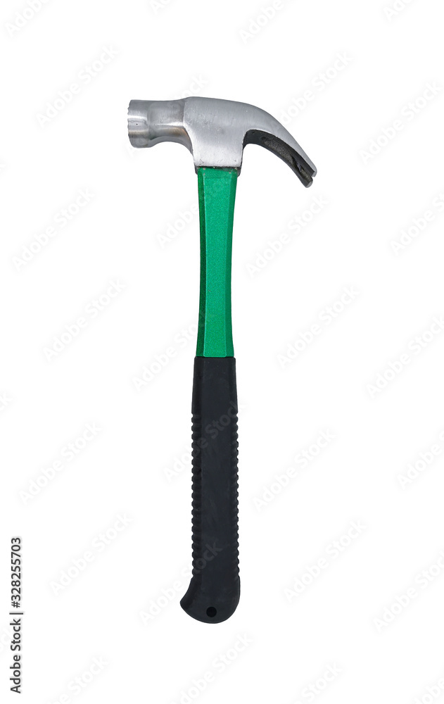 Closeup a new hammer isolated on white background. Single hammer with black rubber grip Closeup a new hammer isolated on white background. Single hammer with black rubber grip