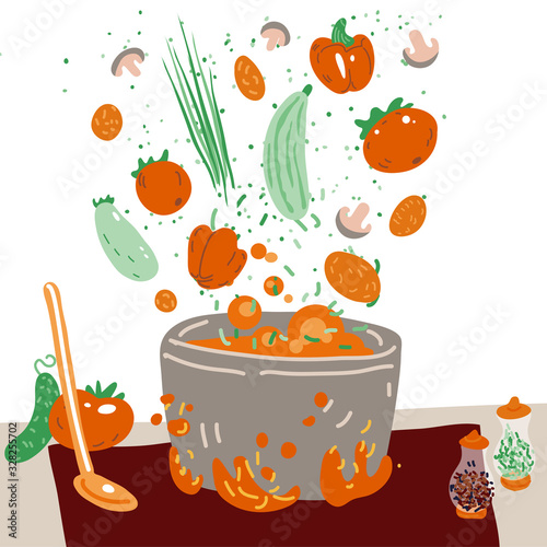 Making vegetarian soup vector concept. Pot with bulbing delicious veg food on a fire and all ingredients around it - vegetables, greenery, seasonings and Flavoring. Professional and Home cooking.