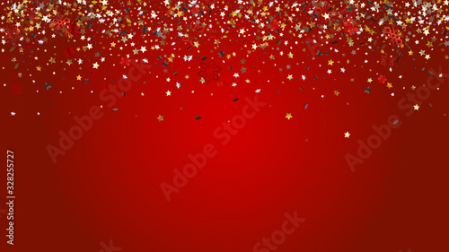 Christmas  Vector Background with Falling Glitter Snowflakes and Stars. Isolated on Transparent. Realistic Snow Twinkly Pattern. Glitter Overlay Print. Winter Party. Design for Banner, Poster.