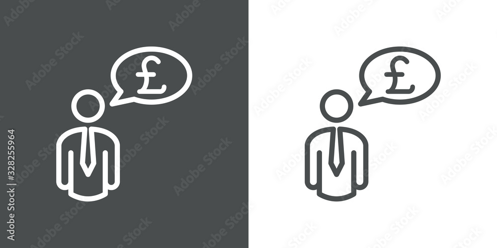 Icono plano lineal hombre con símbolo libra en globo en fondo gris y fondo blanco Icono plano lineal hombre con símbolo libra en globo en fondo gris y fondo blanco